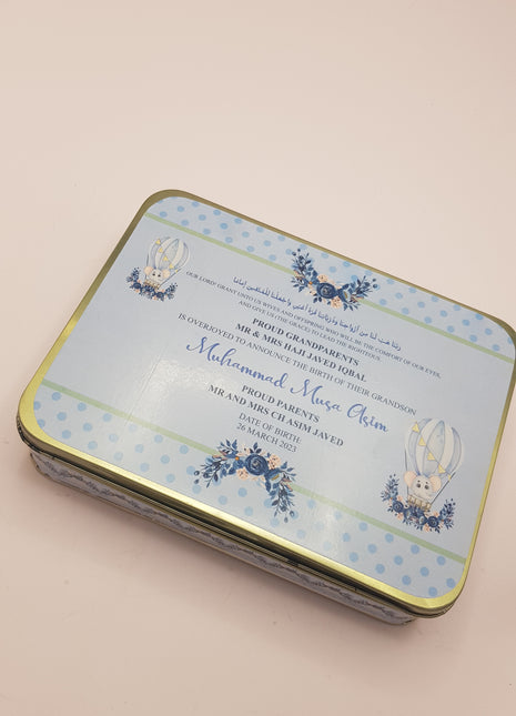 Premium Birth Announcement Tin Boxes – Custom Printed Baby Arrival Gifts & Methie Boxes in Pakistan