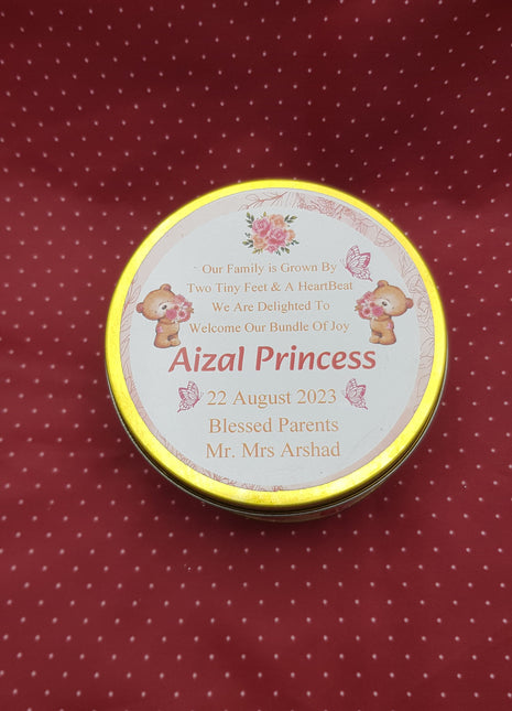 Premium Birth Announcement Tin Boxes – Custom Printed Baby Arrival Gifts & Methie Boxes in Pakistan