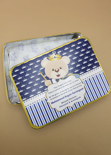 Premium Birth Announcement Tin Boxes – Custom Printed Baby Arrival Gifts & Methie Boxes in Pakistan