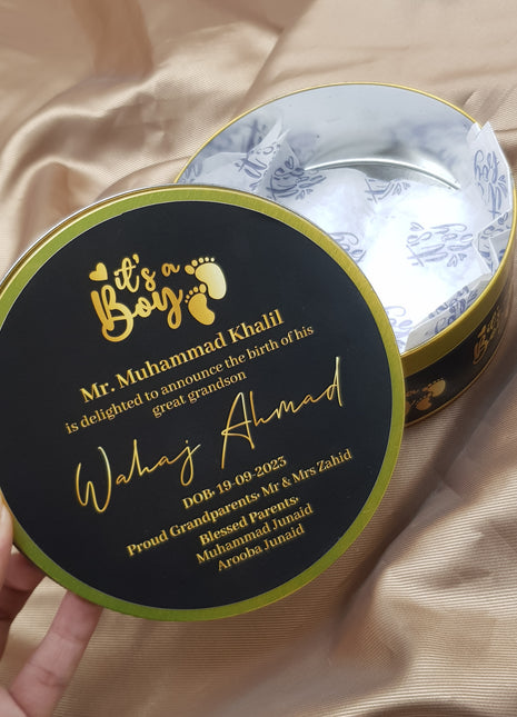 Premium Birth Announcement Tin Boxes – Custom Printed Baby Arrival Gifts & Methie Boxes in Pakistan