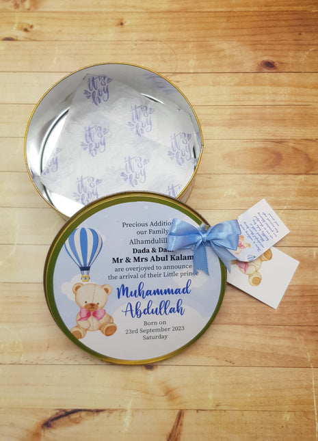 Premium Birth Announcement Tin Boxes – Custom Printed Baby Arrival Gifts & Methie Boxes in Pakistan