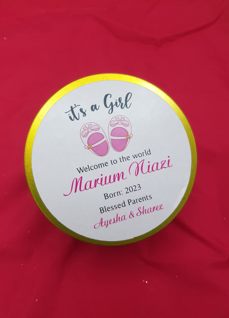 Premium Birth Announcement Tin Boxes – Custom Printed Baby Arrival Gifts & Methie Boxes in Pakistan
