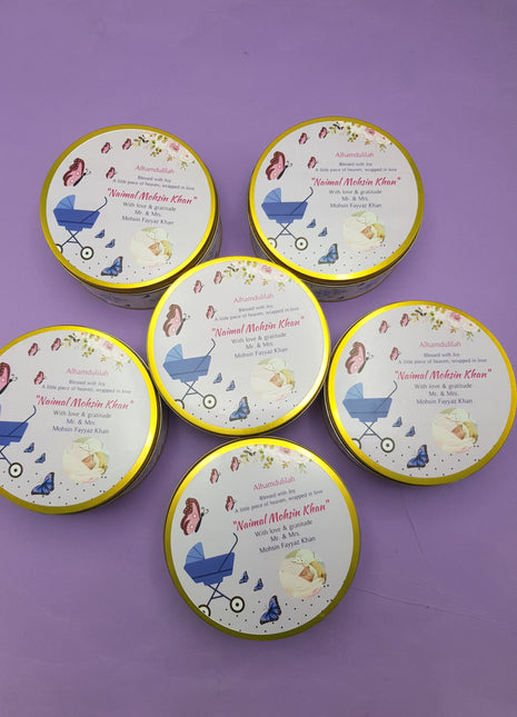 Premium Birth Announcement Tin Boxes – Custom Printed Baby Arrival Gifts & Methie Boxes in Pakistan