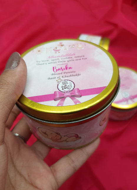 Premium Birth Announcement Tin Boxes – Custom Printed Baby Arrival Gifts & Methie Boxes in Pakistan