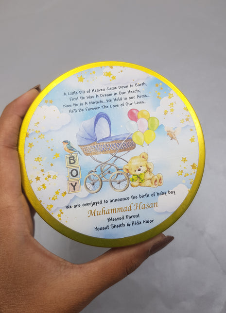 Premium Birth Announcement Tin Boxes – Custom Printed Baby Arrival Gifts & Methie Boxes in Pakistan