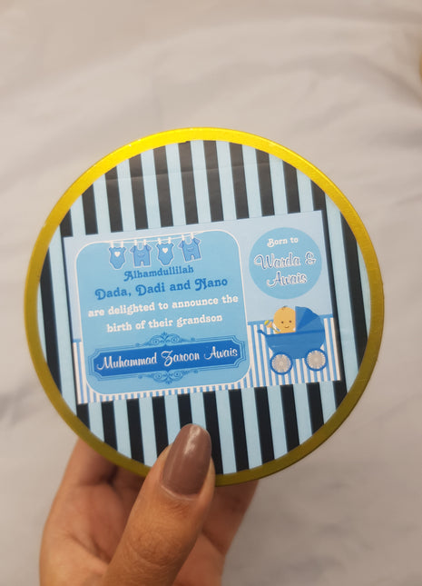 Premium Birth Announcement Tin Boxes – Custom Printed Baby Arrival Gifts & Methie Boxes in Pakistan