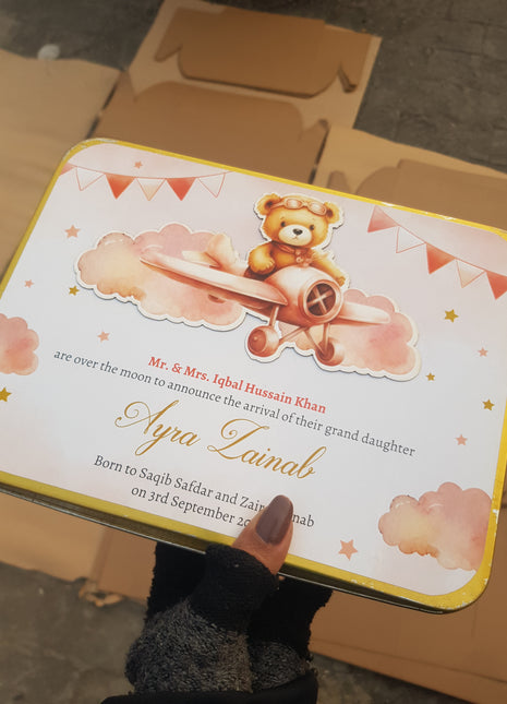 Premium Birth Announcement Tin Boxes – Custom Printed Baby Arrival Gifts & Methie Boxes in Pakistan