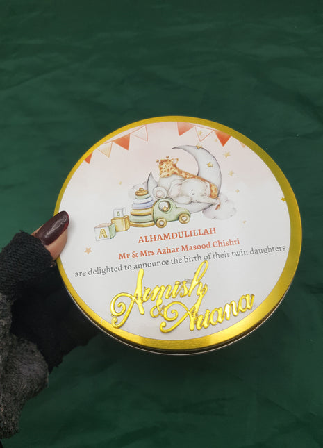 Premium Birth Announcement Tin Boxes – Custom Printed Baby Arrival Gifts & Methie Boxes in Pakistan