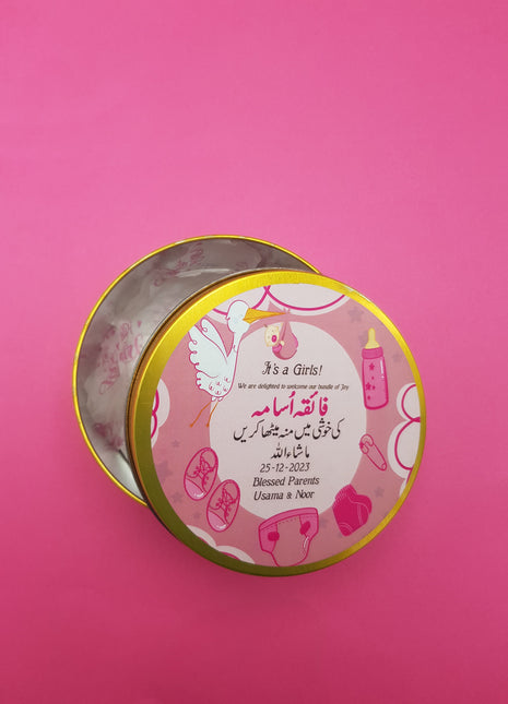 Premium Birth Announcement Tin Boxes – Custom Printed Baby Arrival Gifts & Methie Boxes in Pakistan