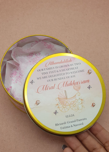 Premium Birth Announcement Tin Boxes – Custom Printed Baby Arrival Gifts & Methie Boxes in Pakistan