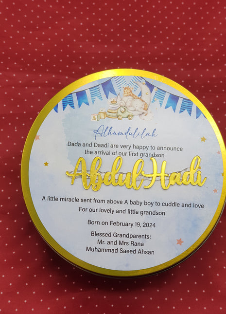 Premium Birth Announcement Tin Boxes – Custom Printed Baby Arrival Gifts & Methie Boxes in Pakistan