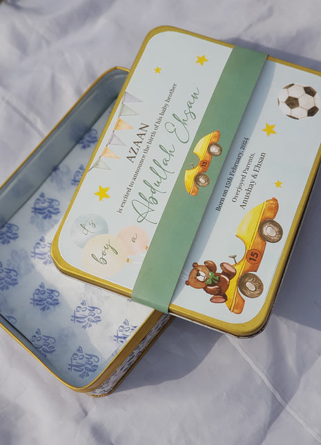 Premium Birth Announcement Tin Boxes – Custom Printed Baby Arrival Gifts & Methie Boxes in Pakistan