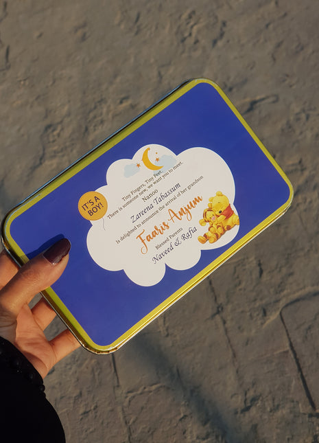 Premium Birth Announcement Tin Boxes – Custom Printed Baby Arrival Gifts & Methie Boxes in Pakistan
