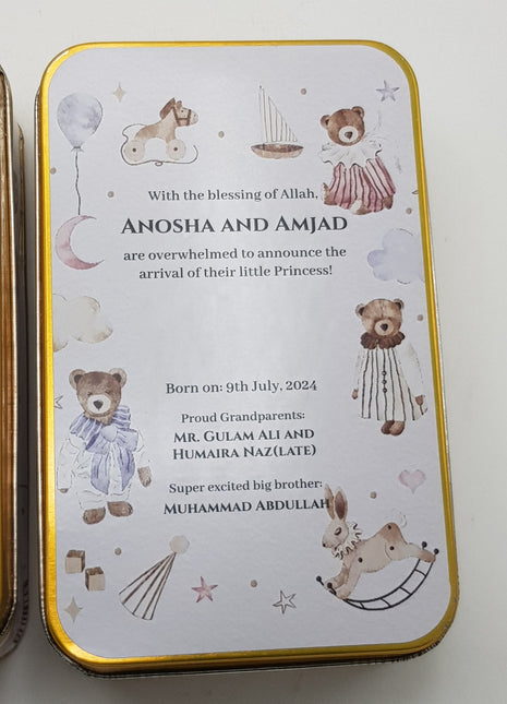 Premium Birth Announcement Tin Boxes – Custom Printed Baby Arrival Gifts & Methie Boxes in Pakistan