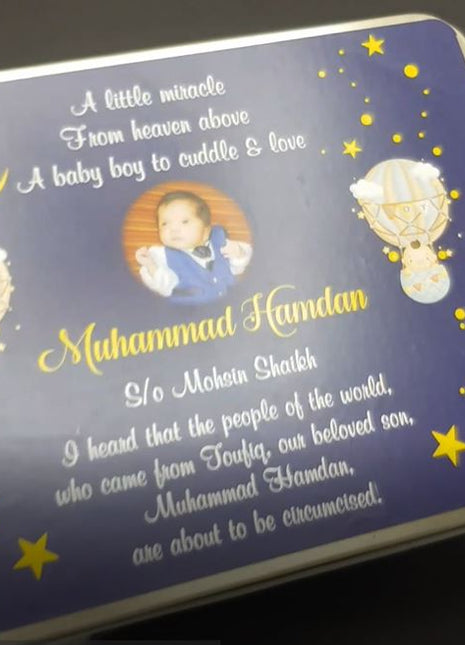 Premium Birth Announcement Tin Boxes – Custom Printed Baby Arrival Gifts & Methie Boxes in Pakistan