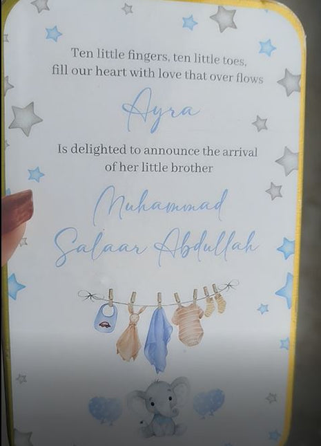 Premium Birth Announcement Tin Boxes – Custom Printed Baby Arrival Gifts & Methie Boxes in Pakistan