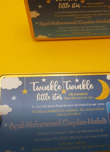 Premium Birth Announcement Tin Boxes – Custom Printed Baby Arrival Gifts & Methie Boxes in Pakistan