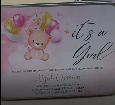 Premium Birth Announcement Tin Boxes – Custom Printed Baby Arrival Gifts & Methie Boxes in Pakistan