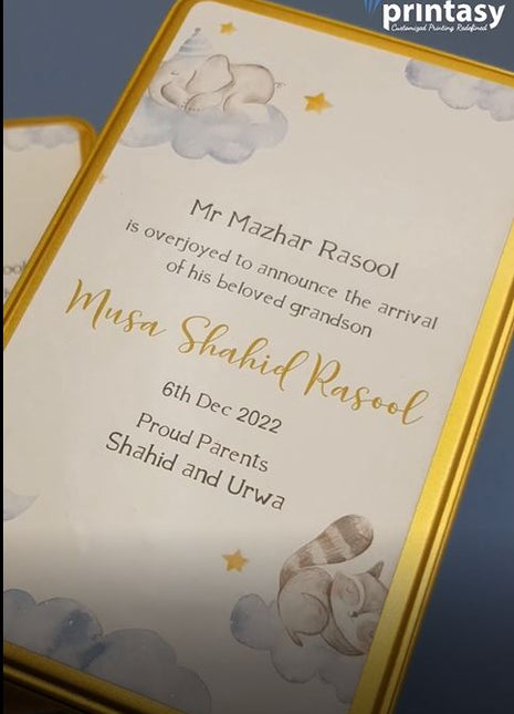 Premium Birth Announcement Tin Boxes – Custom Printed Baby Arrival Gifts & Methie Boxes in Pakistan