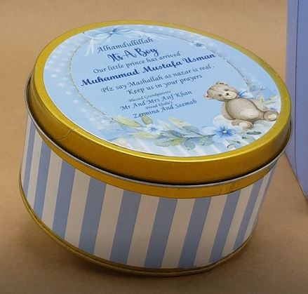 Premium Birth Announcement Tin Boxes – Custom Printed Baby Arrival Gifts & Methie Boxes in Pakistan