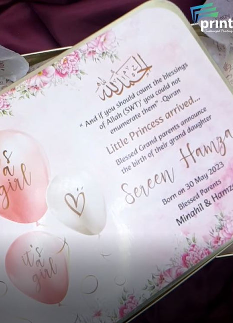 Premium Birth Announcement Tin Boxes – Custom Printed Baby Arrival Gifts & Methie Boxes in Pakistan