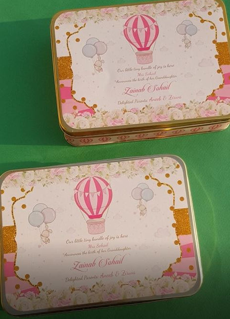 Premium Birth Announcement Tin Boxes – Custom Printed Baby Arrival Gifts & Methie Boxes in Pakistan