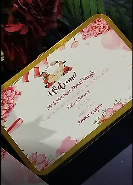 Premium Birth Announcement Tin Boxes – Custom Printed Baby Arrival Gifts & Methie Boxes in Pakistan