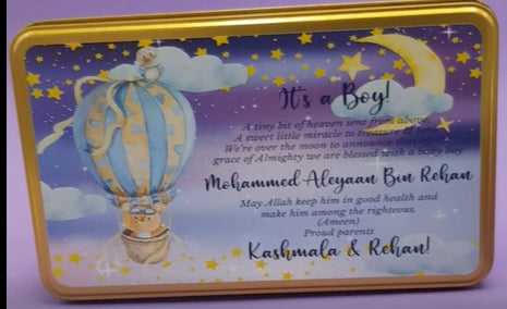 Premium Birth Announcement Tin Boxes – Custom Printed Baby Arrival Gifts & Methie Boxes in Pakistan