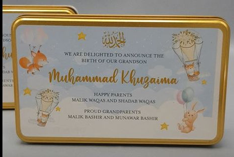 Premium Birth Announcement Tin Boxes – Custom Printed Baby Arrival Gifts & Methie Boxes in Pakistan