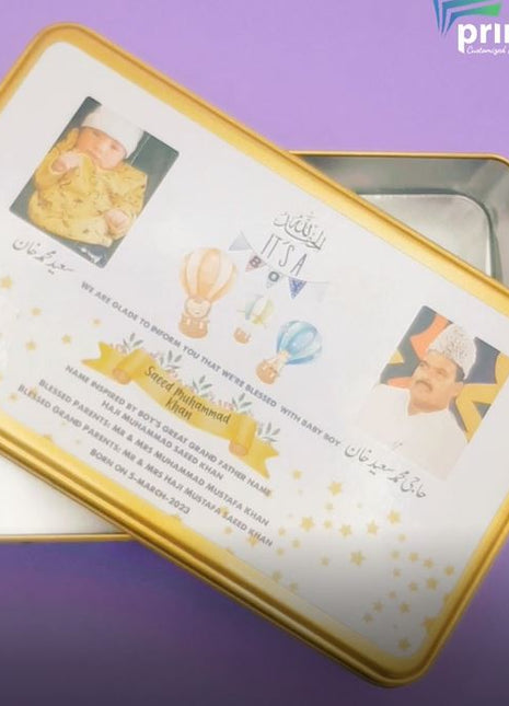Premium Birth Announcement Tin Boxes – Custom Printed Baby Arrival Gifts & Methie Boxes in Pakistan