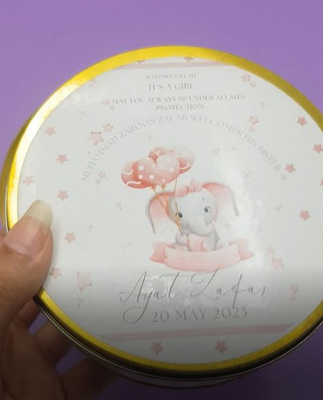 Premium Birth Announcement Tin Boxes – Custom Printed Baby Arrival Gifts & Methie Boxes in Pakistan