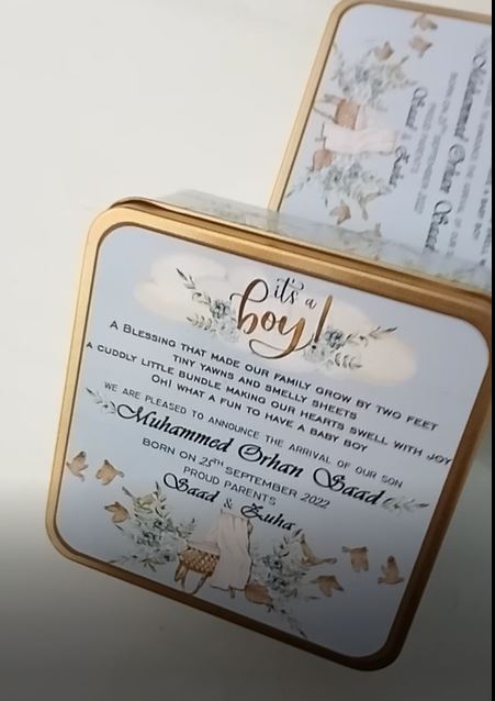Premium Birth Announcement Tin Boxes – Custom Printed Baby Arrival Gifts & Methie Boxes in Pakistan