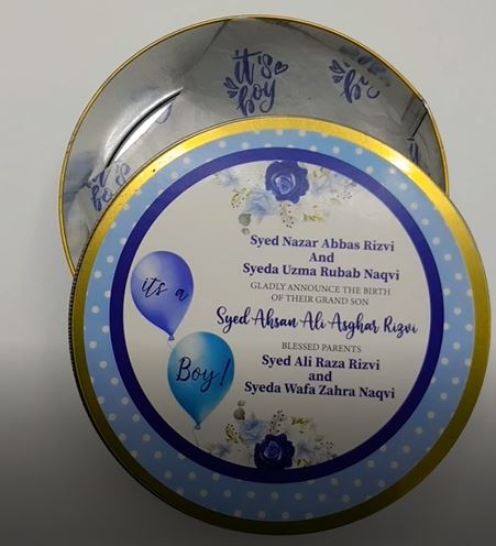 Premium Birth Announcement Tin Boxes – Custom Printed Baby Arrival Gifts & Methie Boxes in Pakistan