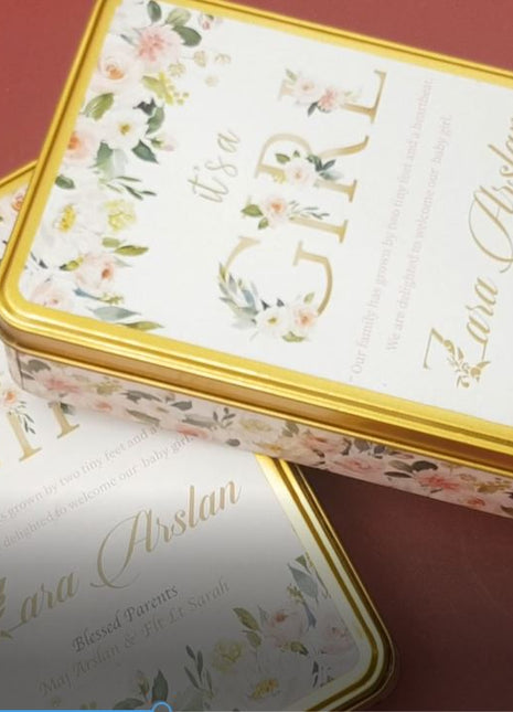 Premium Birth Announcement Tin Boxes – Custom Printed Baby Arrival Gifts & Methie Boxes in Pakistan