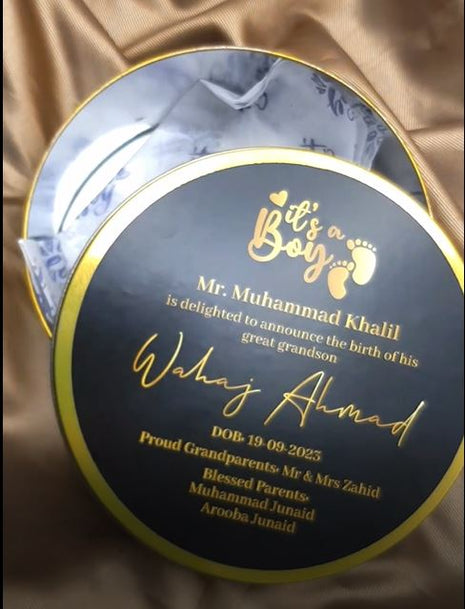 Premium Birth Announcement Tin Boxes – Custom Printed Baby Arrival Gifts & Methie Boxes in Pakistan