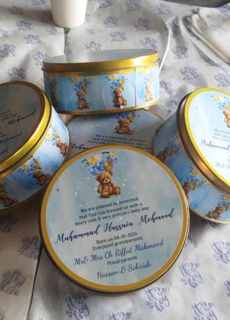 Premium Birth Announcement Tin Boxes – Custom Printed Baby Arrival Gifts & Methie Boxes in Pakistan