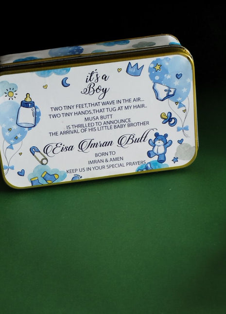 Premium Birth Announcement Tin Boxes – Custom Printed Baby Arrival Gifts & Methie Boxes in Pakistan