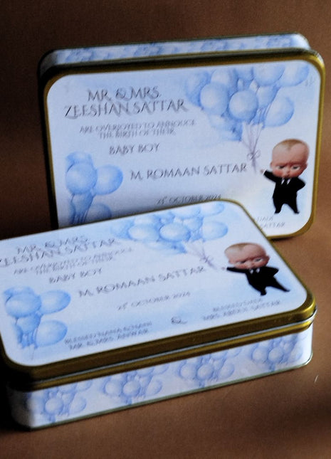 Premium Birth Announcement Tin Boxes – Custom Printed Baby Arrival Gifts & Methie Boxes in Pakistan