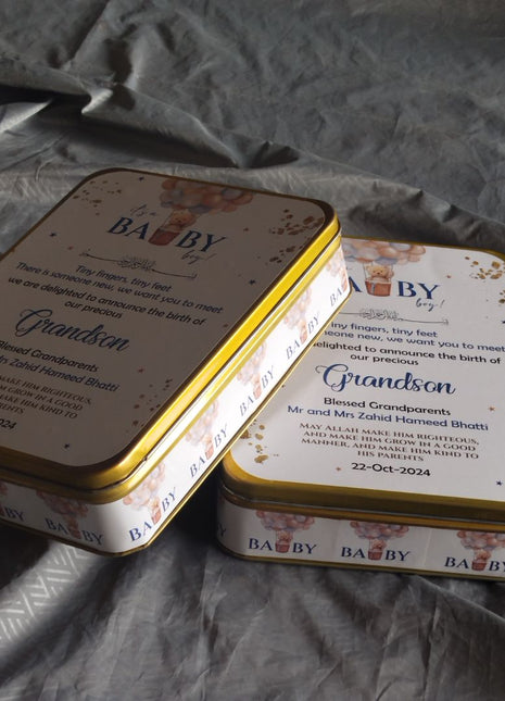 Premium Birth Announcement Tin Boxes – Custom Printed Baby Arrival Gifts & Methie Boxes in Pakistan