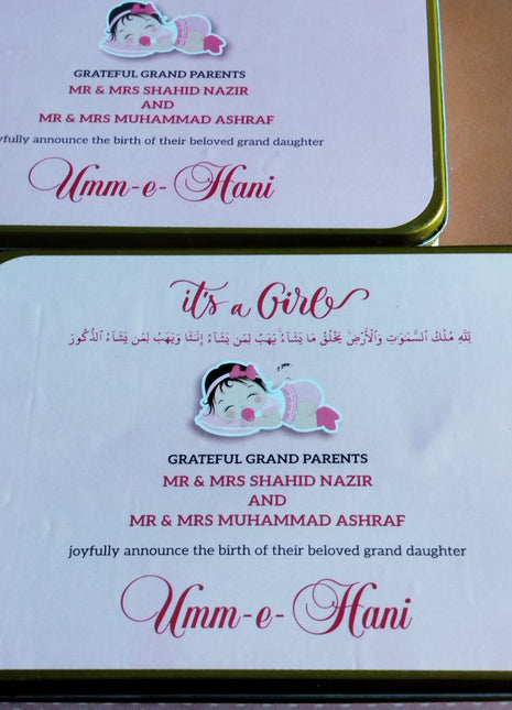 Premium Birth Announcement Tin Boxes – Custom Printed Baby Arrival Gifts & Methie Boxes in Pakistan