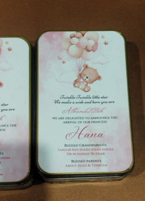 Premium Birth Announcement Tin Boxes – Custom Printed Baby Arrival Gifts & Methie Boxes in Pakistan