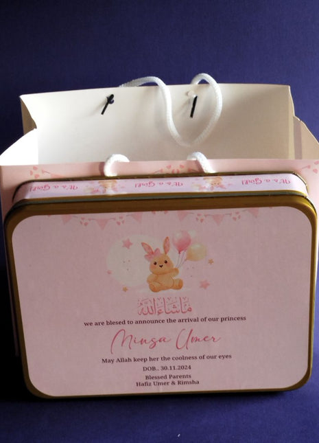 Premium Birth Announcement Tin Boxes – Custom Printed Baby Arrival Gifts & Methie Boxes in Pakistan