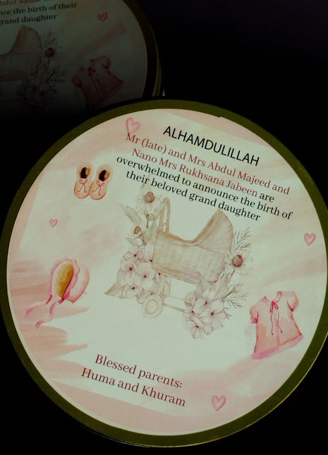Premium Birth Announcement Tin Boxes – Custom Printed Baby Arrival Gifts & Methie Boxes in Pakistan