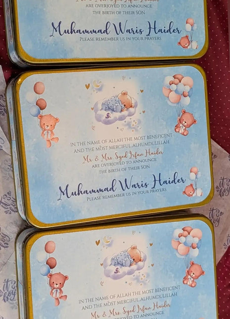 Premium Birth Announcement Tin Boxes – Custom Printed Baby Arrival Gifts & Methie Boxes in Pakistan