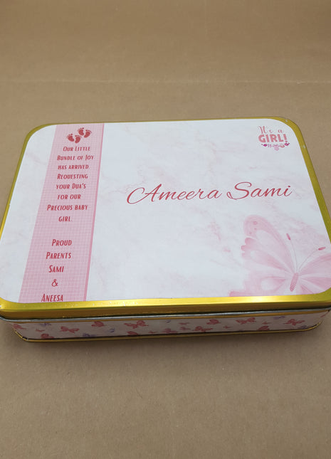 Premium Birth Announcement Tin Boxes – Custom Printed Baby Arrival Gifts & Methie Boxes in Pakistan