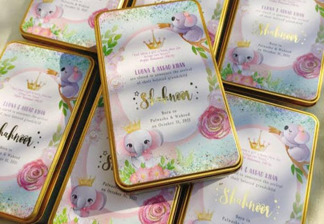 Premium Birth Announcement Tin Boxes – Custom Printed Baby Arrival Gifts & Methie Boxes in Pakistan