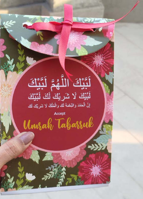 Hajj & Umrah Tabarruk Gift Set – Customized Bag, Tin Box & Zamzam Bottle (Complete Package)