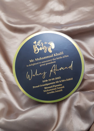 Premium Birth Announcement Tin Boxes – Custom Printed Baby Arrival Gifts & Methie Boxes in Pakistan