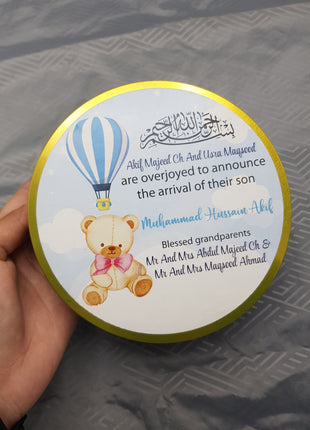 Premium Birth Announcement Tin Boxes – Custom Printed Baby Arrival Gifts & Methie Boxes in Pakistan