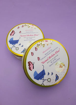 Premium Birth Announcement Tin Boxes – Custom Printed Baby Arrival Gifts & Methie Boxes in Pakistan